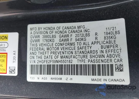 2022 Honda Civic Sport from USA, damaged, VIN 2HGFE2F59NH550182